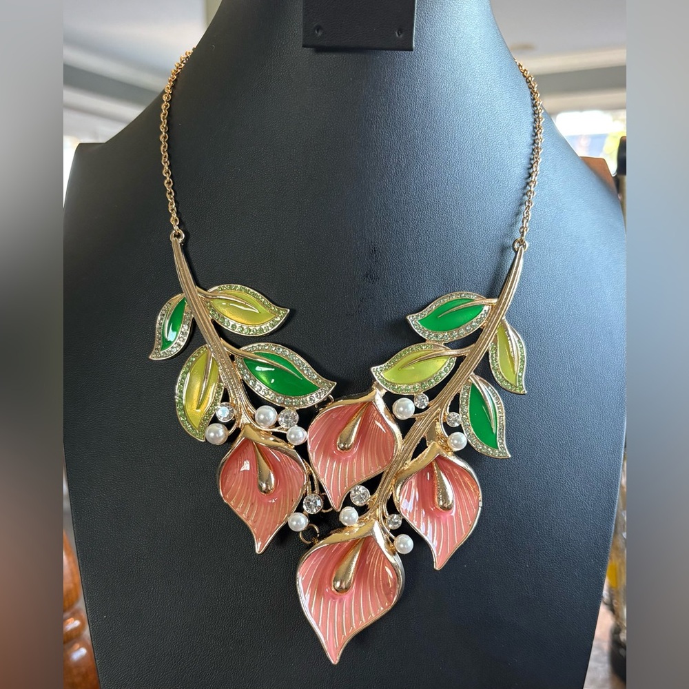 Floral Leaf Statement Necklace in Green and Coral